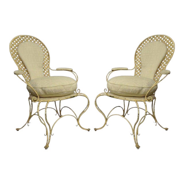Pair Vintage Hollywood Regency Lattice Wrought Iron Patio Lounge Arm Chairs A Chairish