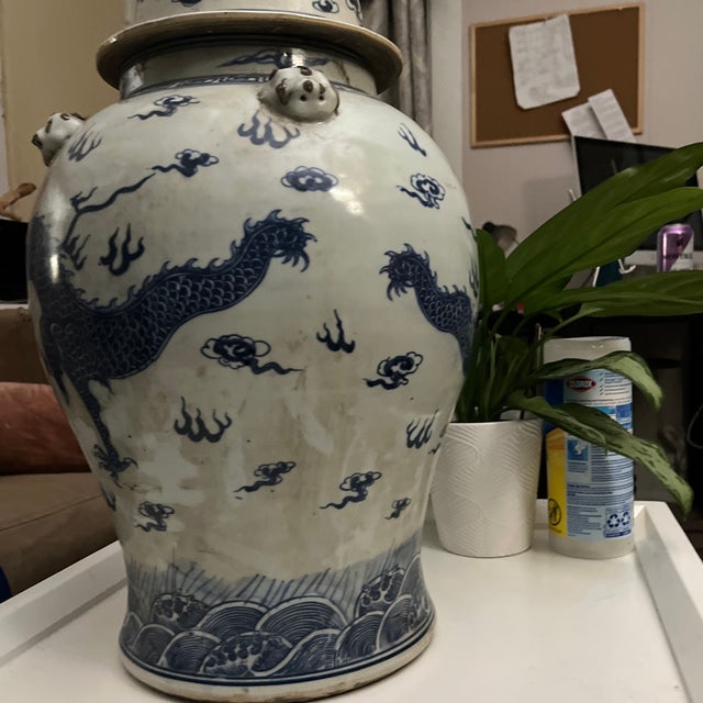 Large Blue & White Porcelain Dragon Temple Jar With Foo Dog Lid For Sale - Image 12 of 12