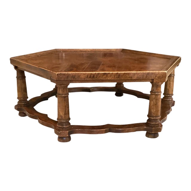 1970s Vintage Meiterranean Style Hexagonal Parquet Wood Coffee Table For Sale