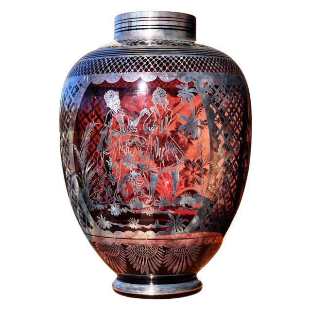 Silver Overlay Patterns Of People And Flowers Cranberry Art Glass Vase Chairish