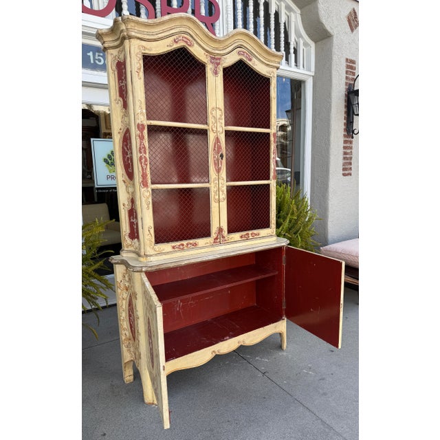 Antique French Red & Ivory Paint Decorated Wire Front Display Cabinet For Sale In Los Angeles - Image 6 of 7