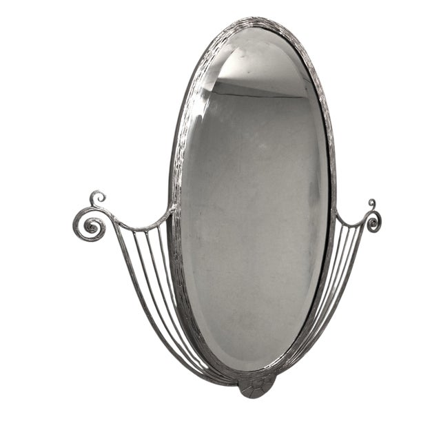 French Art Deco Hand Wrought Nickeled Iron Oval Mirror W/ Linear & Scroll Detail For Sale - Image 16 of 16