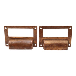 Pair of Vintage 3.125 In. Brass Bin Pulls With Label Slot For Sale
