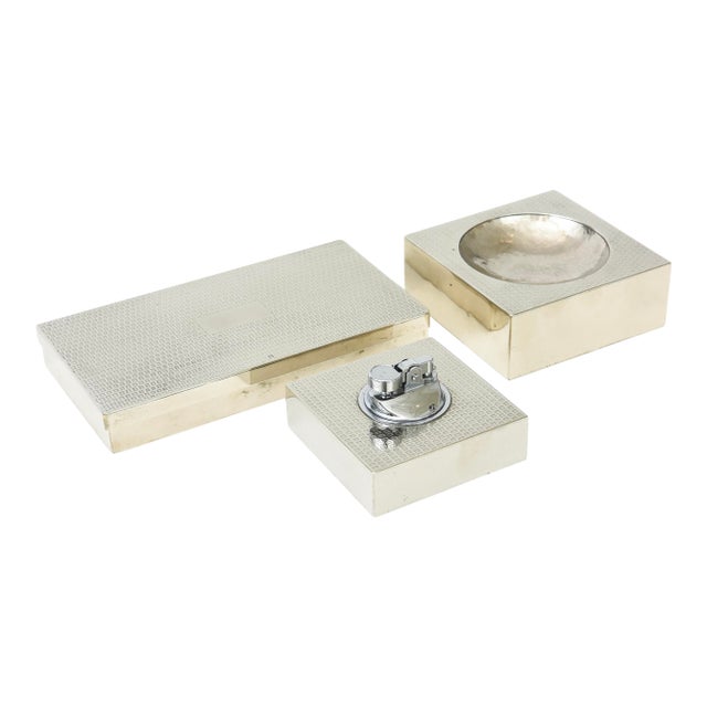 Vintage Italian Embossed Silver-Plate Desk Set Bowl, Box and Lighter For Sale