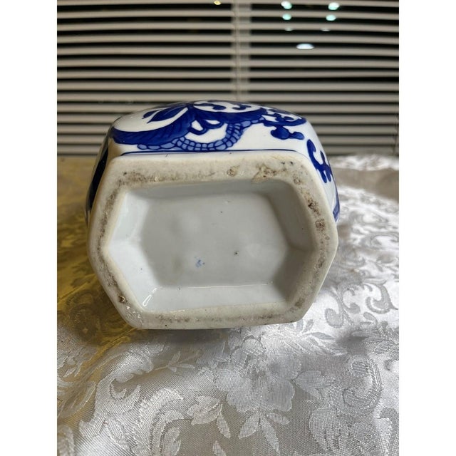 Large 14" Vintage Chinese Blue and White Hexagonal Vase - Scrolling Lotus Design For Sale - Image 10 of 10