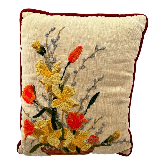Vintage Floral Velour Accent Crewel Pillow Red Yellow Late 20th Century Bohemian Fall For Sale