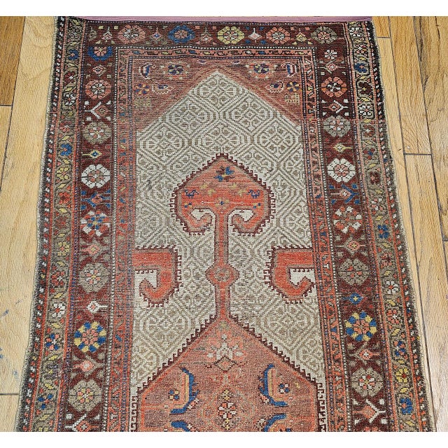 Textile Antique Persian Malayer Runner Rug, Hand-Knotted Wool, Geometric Pattern, 3x7, Camelhair & Burgundy For Sale - Image 7 of 14