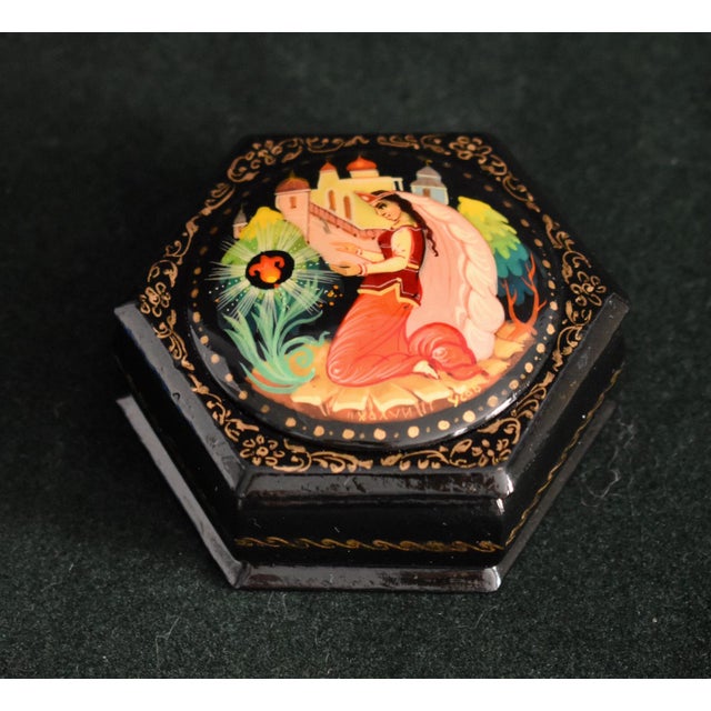 Scarlet Vintage Russian Lacquer Box Painted Fairy Tale Scarlet Flower Trinket Signed For Sale - Image 8 of 16