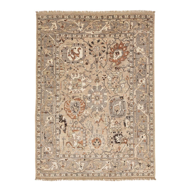 Modern Oushak Style Hand-Knotted Wool Rug in Neutral Beige, Grey and Terracotta For Sale