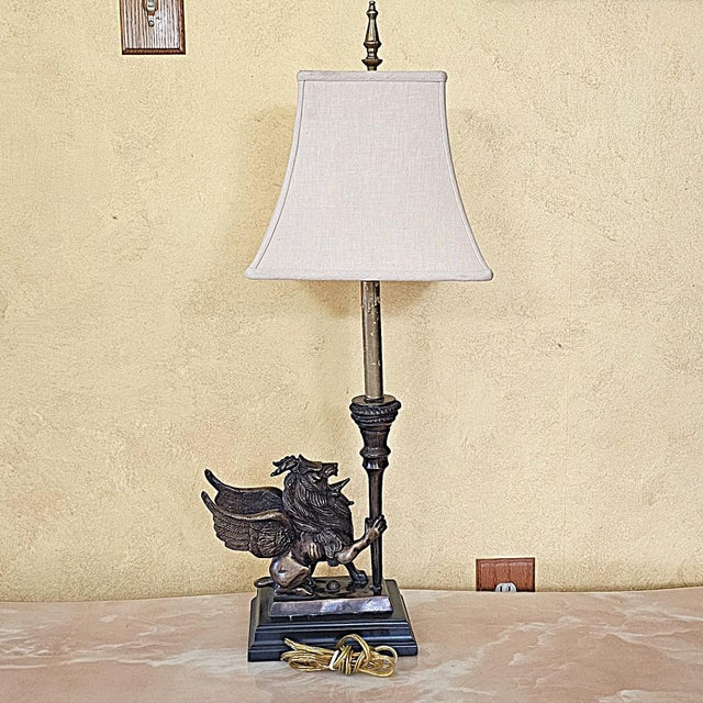 Figurative Vintage Neoclassical Bronze Winged Lion Griffin Table Lamp With Linen Shade For Sale - Image 3 of 18