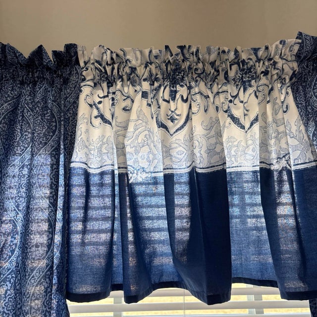 Blue Oriental Cafe Curtains 45 Length Kitchen / Bathroom Set of 2 Panels & 2 Valances 16 X45 Wide For Sale - Image 4 of 10