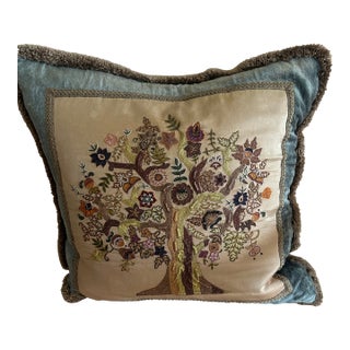 Vintage Rare Tree of Life Velvet Pillow With Antique Embroidered Appliqué For Sale