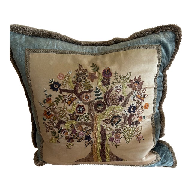 Vintage Rare Tree of Life Velvet Pillow With Antique Embroidered Appliqué For Sale