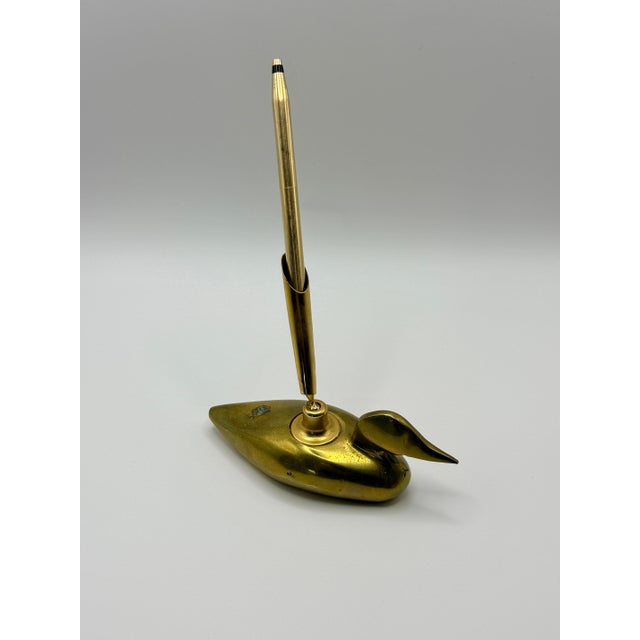 Mid-Century Modern Vintage Solid Brass Duck Pen Holder & Paperweight Desk Accessory For Sale - Image 3 of 5