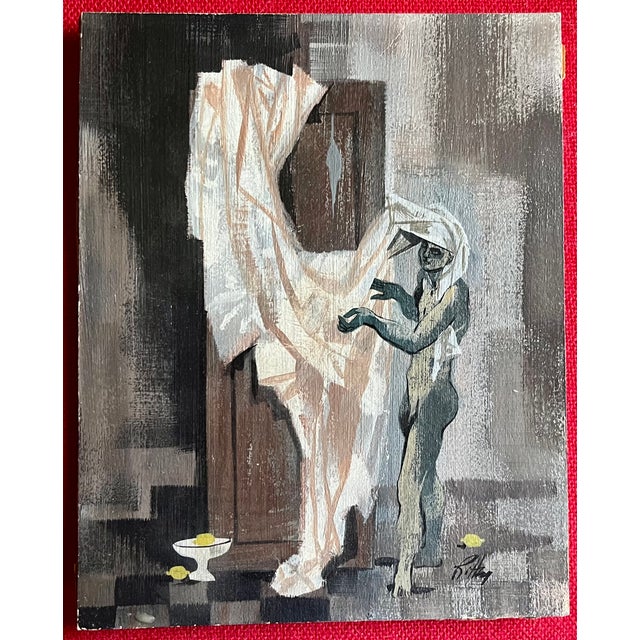 Mid 20th Century Robert Ritter (American B. 1949) Mid-Century Surrealist Small Oil Painting of a Draped Figure in Interior For Sale - Image 5 of 7