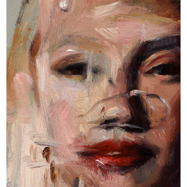 This oil on panel artwork features a close-up portrayal of a face, characterized by expressive brushwork that captures...