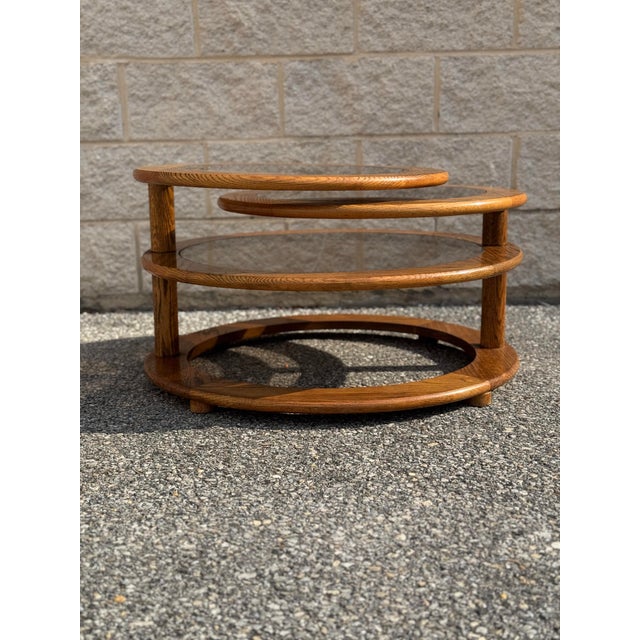 1970s Oak and Smoked Glass Tiered Swivel Coffee Table With Expanding Tops For Sale - Image 10 of 12