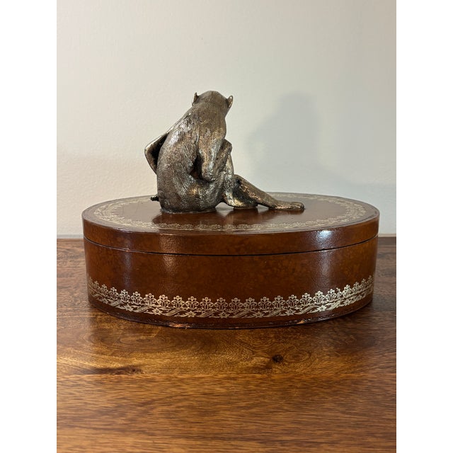 Karl Springer Vintage Leather Decorative Box Attributed to Maitland Smith With Metal Monkey For Sale - Image 4 of 9