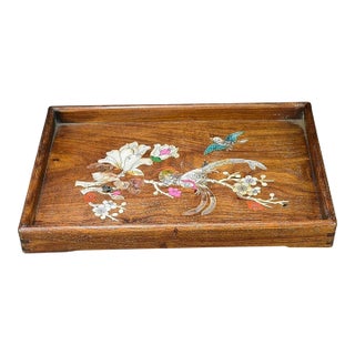 Wooden Tea Tray With Mother-of-Pearl Bird and Floral Inlay For Sale
