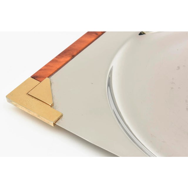 Wood Signed Guy Degrenne French Burled Wood, Gold Plated Brass and Stainless Steel Square Tray For Sale - Image 7 of 11