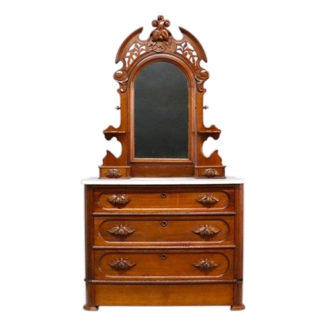 Carved Walnut Marble Top 3 Drawer Dresser With Extra Hidden Drawer C1880 For Sale
