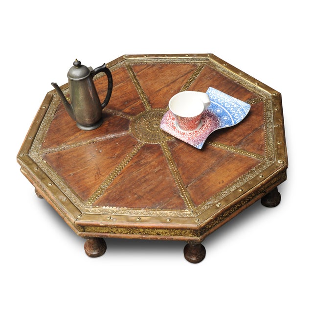 Antique Octagonal Low Hardwood Eastern Table with Decorative Brass Trims, 1890s For Sale - Image 10 of 12