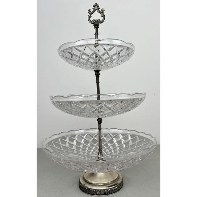 Vintage French Crystal Cut 3-Tier Serving Cake Stand For Sale - Image 4 of 14