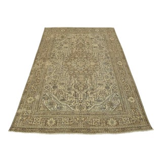 Tabriz Rug 9’8” X 12’8” Beige Wool Vintage Distressed Hand-Knotted Carpet For Sale