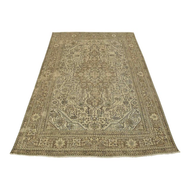 Tabriz Rug 9’8” X 12’8” Beige Wool Vintage Distressed Hand-Knotted Carpet For Sale