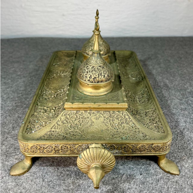 Late 19th Century Antique Embossed Brass Double Inkwell For Sale - Image 5 of 11