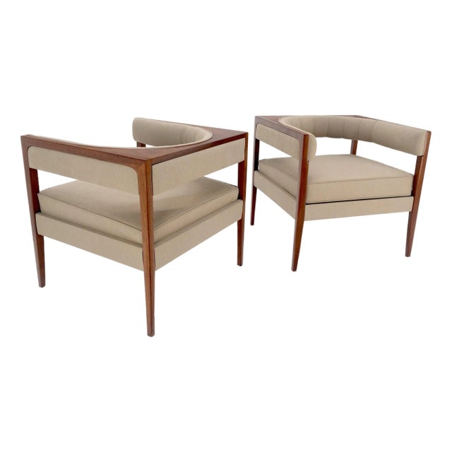 Pair New Alcantera Upholstery Walnut Cube Shape Barrel Back Lounge Chairs MINT! For Sale