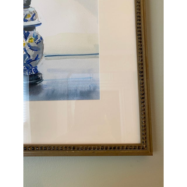 Blue 1980s Blue and White Ginger Jar Lamp Still Life Original Watercolor Painting, Framed For Sale - Image 8 of 10