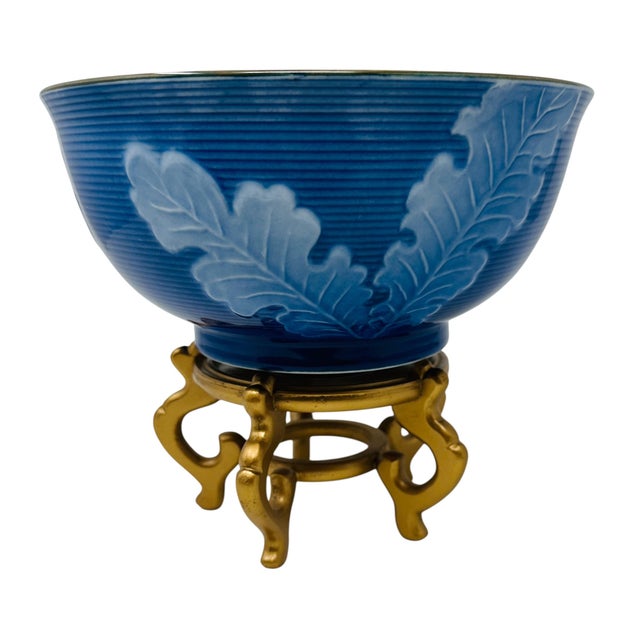 Vintage Japanese Ryusen Cobalt Blue Relief Porcelain Turnip Bowl For Sale - Image 4 of 13