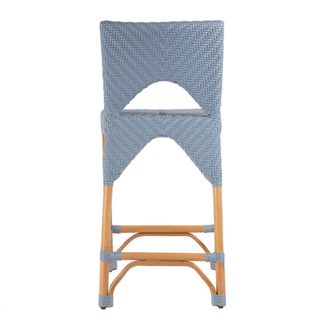 Wood Creanly 25.25 in. Seat Height Rectangular Rattan Counter Stool with Back, Baby Blue/ Natural Rattan Frame For Sale - Image 7 of 9