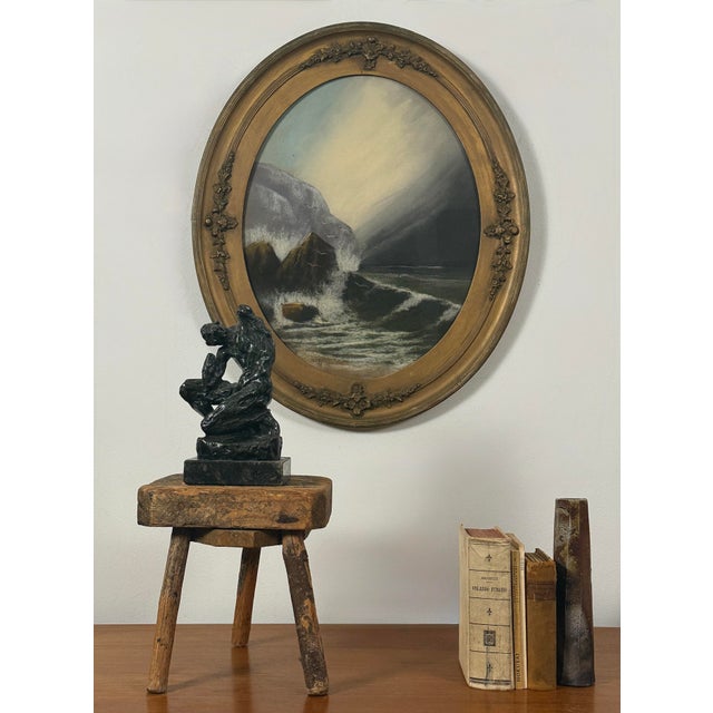 Antique Oval Romantic Seascape with Crashing Waves Pastel on Paper, Signed Dimensions: 21.9 x 26 in. (framed) This 19th-...
