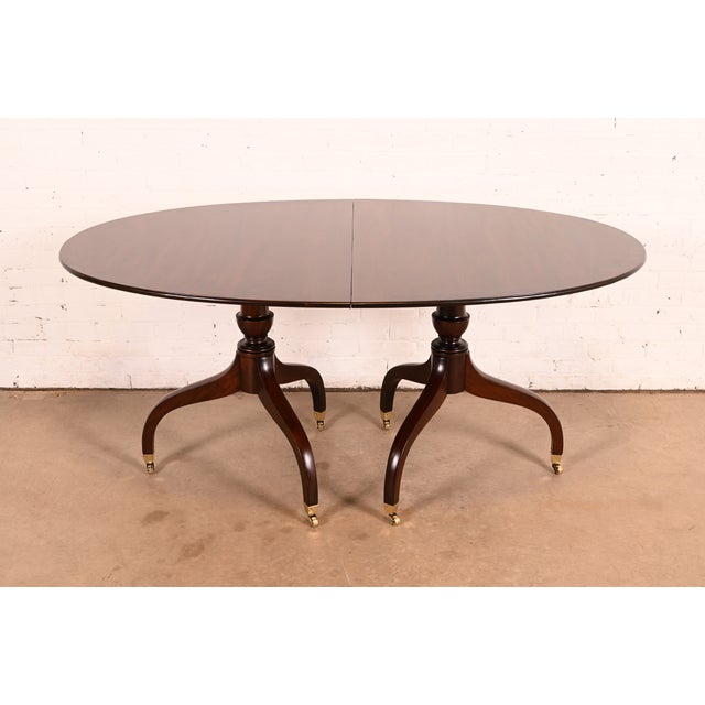 Brown Regency Carved Mahogany Double Pedestal Extension Dining Table by Old Colony, Newly Refinished For Sale - Image 8 of 13