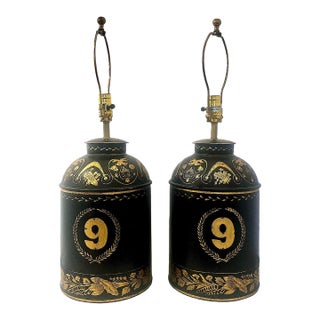 Antique Tole Brown and Gilt Decorated Tea Canisters as 20th-Century Lamps - Pair For Sale
