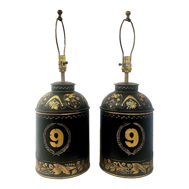 Pair of Antique Tole Brown and Gilt Decorated Tea Canisters as 20th-Century Lamps For Sale