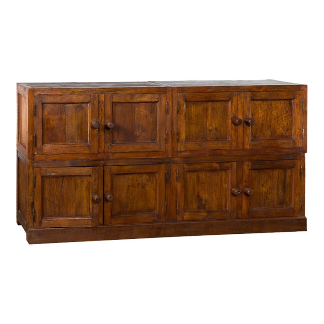 Vintage Javanese Brown Lacquer Eight Door Recessed Panel Bookcase - 3 Pieces For Sale