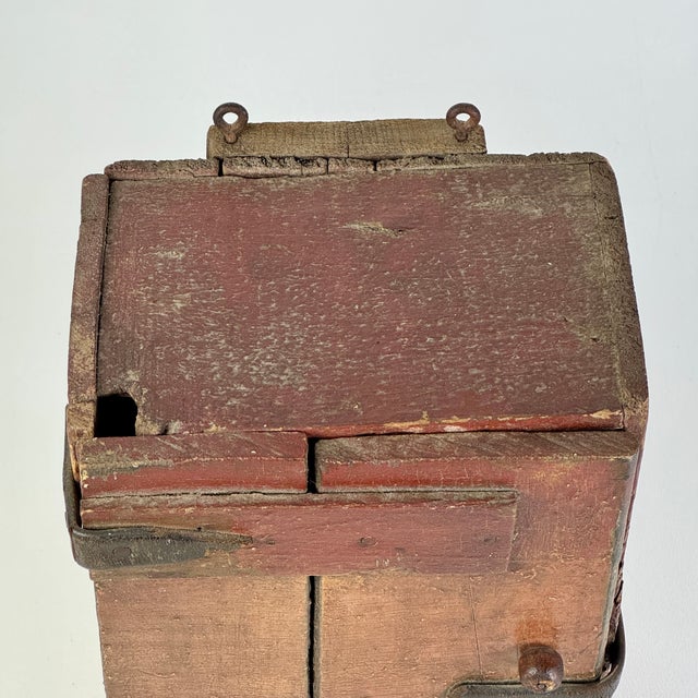 Early 19th C. Americana Primitive Small Handmade Wall Cupboard With Leather Straps Hinges & Latch For Sale - Image 4 of 14