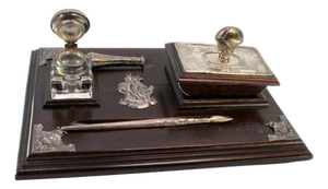 Wooden Inkwell with Silver Applications, Pen, Ink Tank, Blotter and Seal