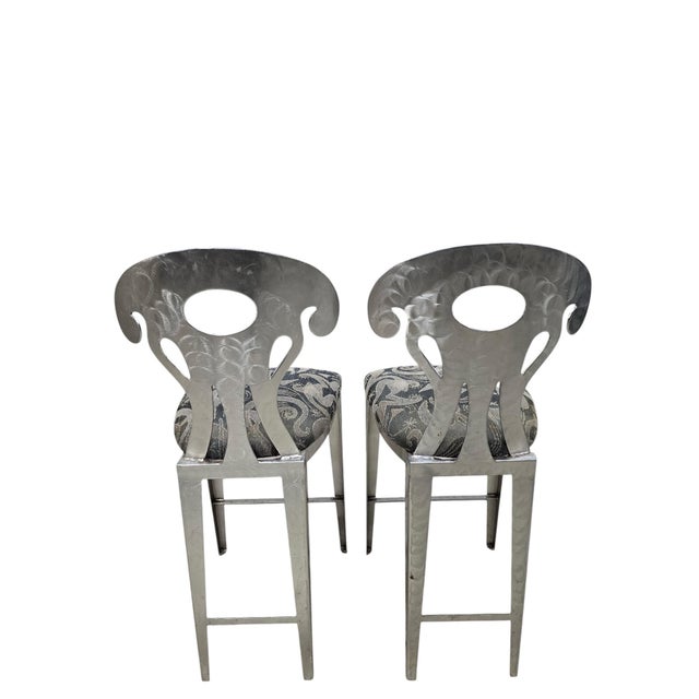 Vintage Memphis Style Hammered Metal Counter Stools - Set of 4 For Sale - Image 11 of 12