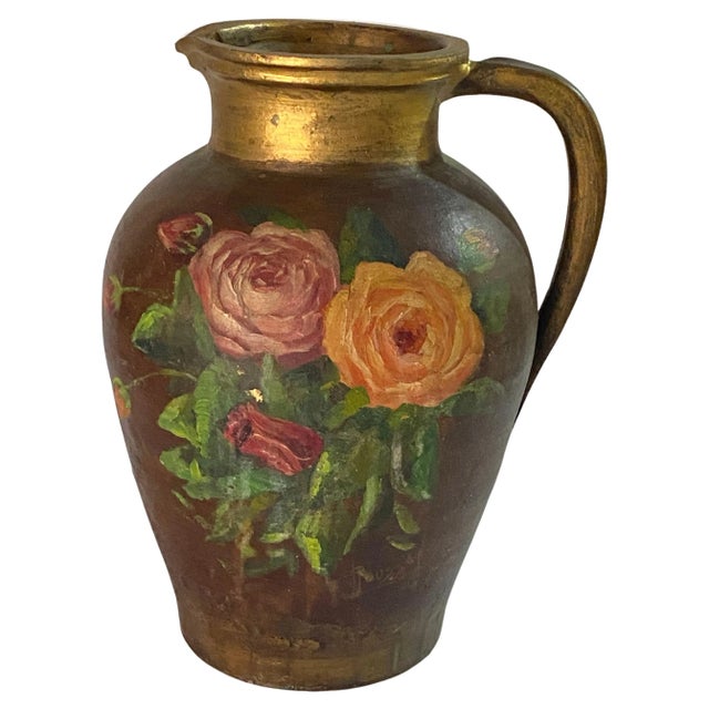 Gold Flowers Decor Pattern Hand Painted Stoneware Jug, France, 1940s For Sale - Image 8 of 8