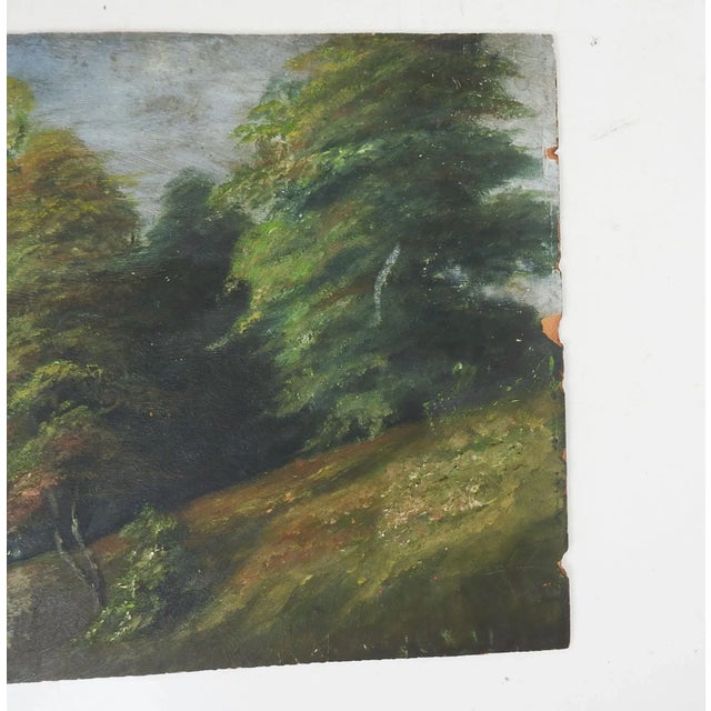 Late 19th Century Antique Distressed European River & Forest Landscape Painting For Sale - Image 5 of 7