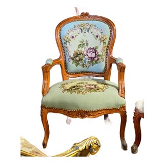 French Louis XV Accent Chair With Aqua Floral Upholstery & Hand-Carved Solid Wood Frame For Sale