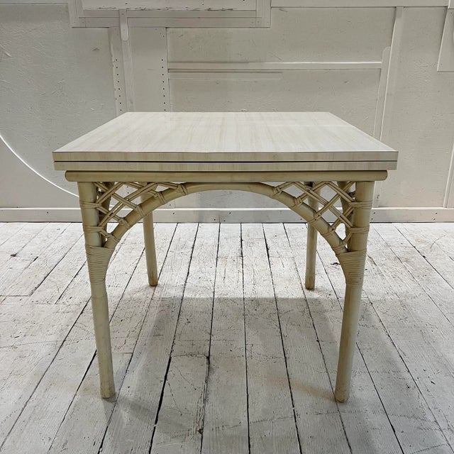1980s White Rattan Bamboo Table and Chair Set with Flip Top to Expand From Game Size to Dining Table - Set of 5 For Sale - Image 4 of 13