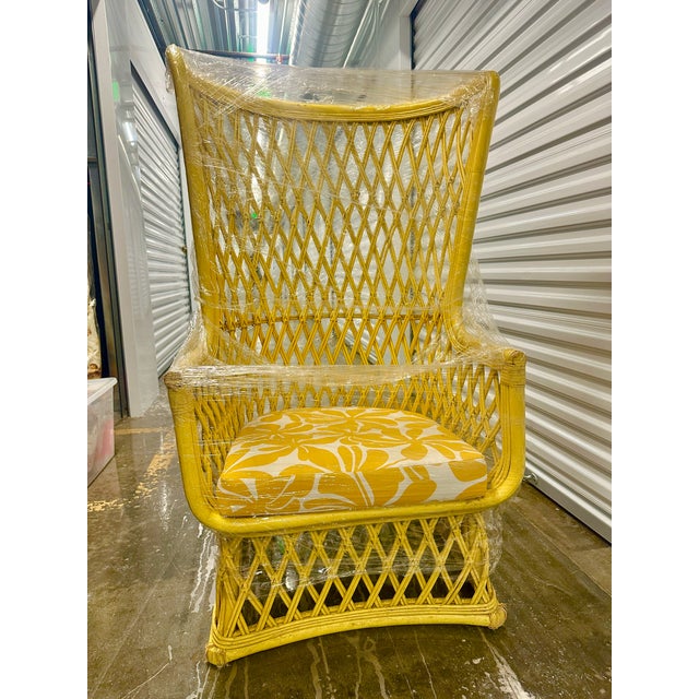 Canary Yellow Vintage 1970s High-Back Rattan Wingback Lounge Chairs — Sculptural Coastal Mid-Century Modern Pair For Sale - Image 8 of 11