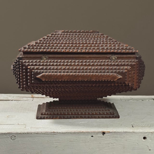 Antique Folk Art Tramp Art Box on Pedestal Base With Red Velvet Lining For Sale - Image 4 of 10