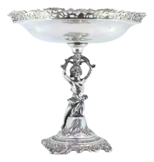 Fruit Bowl Centralpiece in Silver with Grid, Central Engravings and Female Raised Base with Scrolls