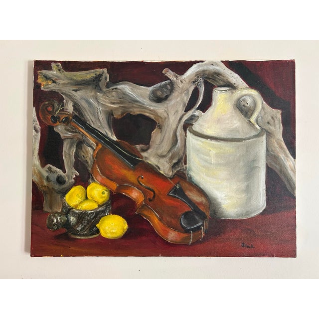Vintage original still life oil painting on canvas featuring a violin, stoneware jug and lemons with driftwood. Well done...
